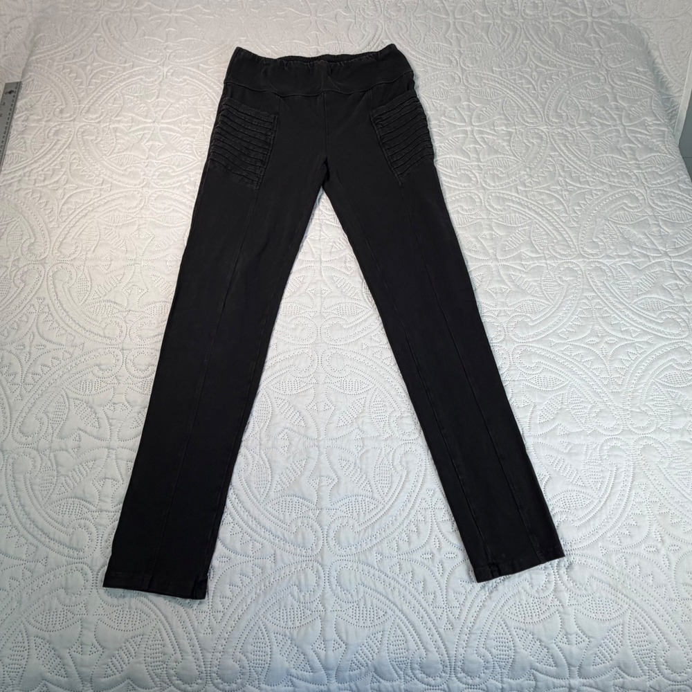 Moto Ribbed Pintuck Leggings Faded Black Cotton Stretch Slim Fit Pants